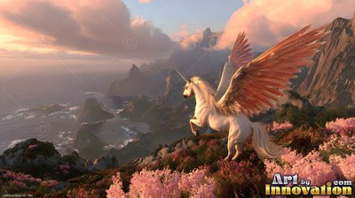 Feathered pink wings spread from a snow-white alicorn leaping over pink coastal flowers at dusk