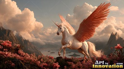 A winged unicorn prances on a flower-covered mountain in warm sunset light