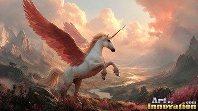 Rearing up with pink wings, a bright white alicorn stands above a wide valley