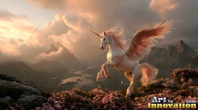A winged unicorn rears up on a rocky hill of pink flowers at sunset