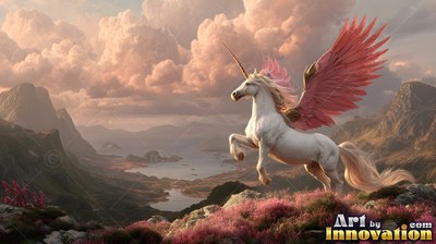 Above a mountain lake, a white alicorn with pink wings rears on a ridge