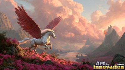Leaping above pink wildflowers, a white winged unicorn spreads reddish wings near mountains