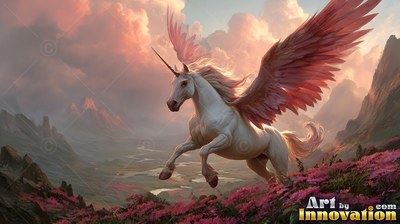 Winged white unicorn leaps over pink flowers in a valley