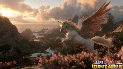 Feathered wings spread wide as a white alicorn leaps above pink flowers at sunset