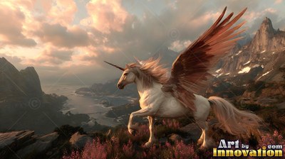 A winged unicorn walks along a high mountain ridge under warm pink evening clouds