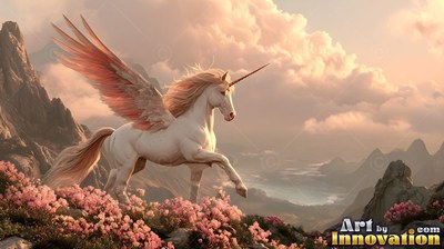 Trotting across a mountain of pink flowers, a pale white alicorn lifts its wings