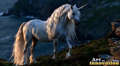 A snow-white unicorn walks along a grassy cliff above the dark sea in late afternoon light