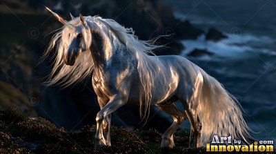 On a dark coastal cliff, a pale white unicorn stands in warm sunset light