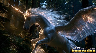 Rearing in a dark pine forest, a pure white alicorn spreads feathered wings in warm sunlight
