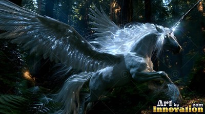A winged pure white unicorn flying through a dark forest