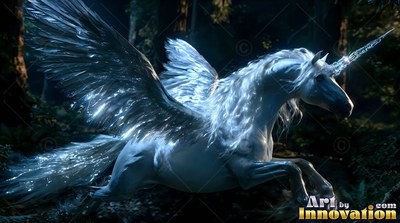 Spreading feathered wings, a white alicorn leaps through a dark forest at night