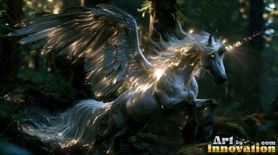 A winged white unicorn rears up in a dark forest with bright sunlight shining on its mane