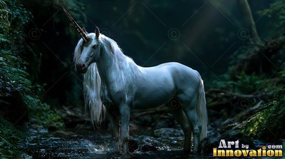 Standing in profile, a snow-white unicorn wades through a dark forest stream