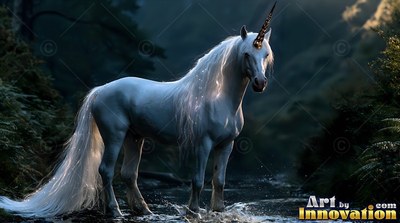 A white unicorn with a long flowing mane stands in a dark forest stream