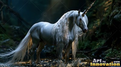 In a dark forest stream, a snow-white unicorn stands with water splashing around its hooves