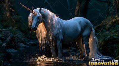 Wading through shallow water, a white unicorn with a long mane pauses in a dark forest