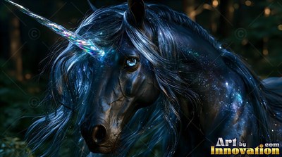 Black unicorn with a clear crystal horn in a dark forest
