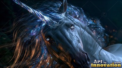 Twisted horn shining with starlight on a snow-white unicorn resting in the dark night woods
