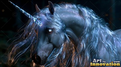 A pale white unicorn turns its head in the dark with blue light shining on its long mane