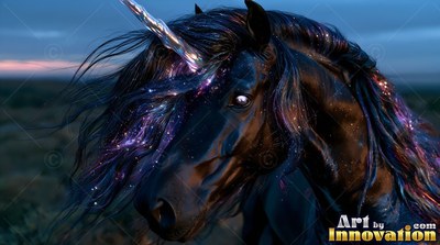 Head turned three-quarters, a black unicorn in an open field at dusk