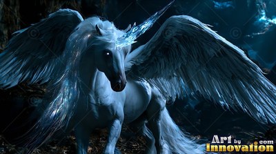 In a dark cavern, a white winged unicorn spreads its feathery wings