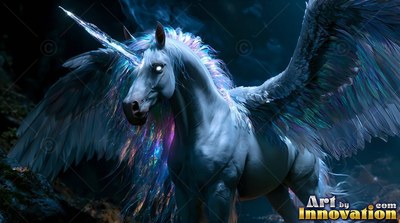 Spreading feathered wings, a white alicorn stands in darkness with a crystal horn