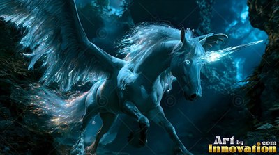 Winged snow-white unicorn galloping through a dark blue forest