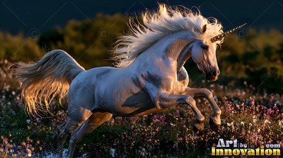 With a spiraled gold horn, a snow-white unicorn leaps across a field of pink flowers at sunset
