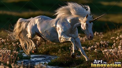 A white unicorn gallops across a field with warm sunlight catching its mane