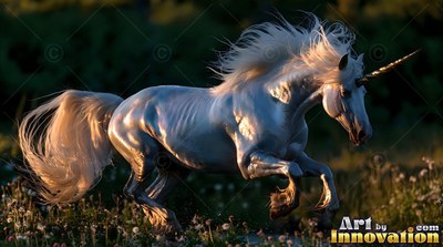 Leaping in profile across a meadow, a white unicorn runs in evening light