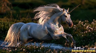 A snow-white unicorn canters through shallow water across a dark field at sunset