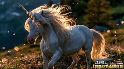 In a grassy field, a white unicorn runs with backlit mane flowing in the sunset light
