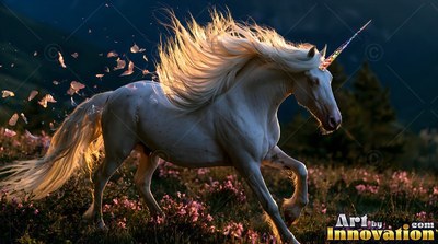 Trotting through a field of flowers, a pure white unicorn tosses its sunlit mane