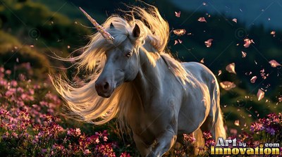 White unicorn running through pink flowers in the warm sunlight