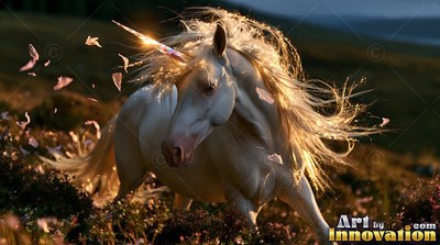 A snow-white unicorn with windblown hair runs across a dark hillside with petals blowing past