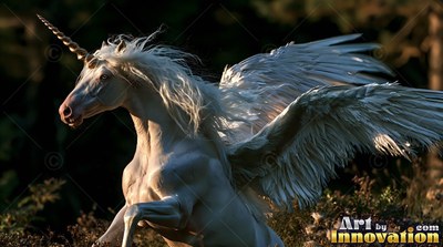 A pale white unicorn with wings rears up with feathered wings spread wide in warm sunlight