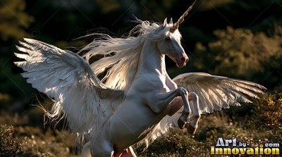 Rearing up in a sunlit meadow, a white winged unicorn with feathers spreads wide wings
