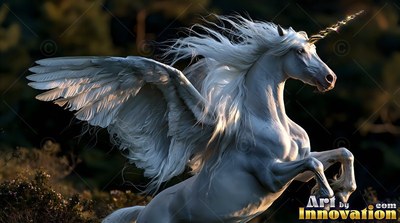 A white winged unicorn rears up in the woods with wings spread wide