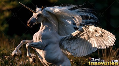 In a dark forest, a white winged unicorn rears up with feathers spread wide in sunlight