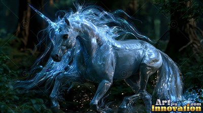 Galloping through a dark forest, a shining blue unicorn runs with flowing hair