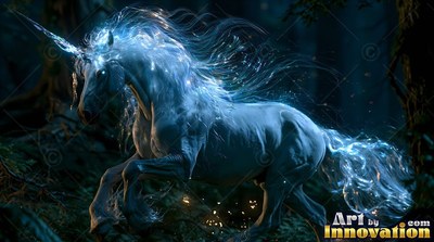 A pale blue unicorn galloping through a dark forest at night