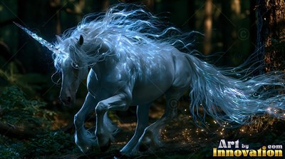 Flowing blue mane trailing behind, a white unicorn canters through a dark forest