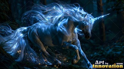 A pure white unicorn sprints through dark woods, its flowing mane lit by blue sparkles
