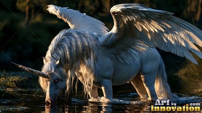Bowing low to drink, a pale white alicorn stands in dark water at sunset