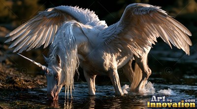 A winged pale white unicorn drinks from a dark stream with its large feathered wings spread out