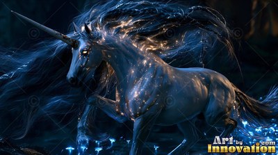Trotting through the dark, a snow-white unicorn glints with tiny sparks on its coat