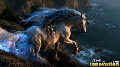 A pure white unicorn trots along a dark cliff above the ocean