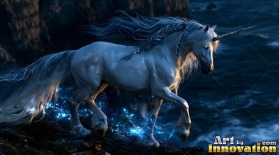 A braided mane flows from a white unicorn trotting along dark coastal rocks at night