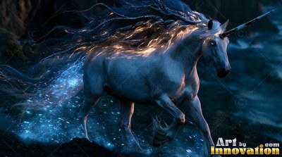 A pure white unicorn walks along a dark shore with warm light shining through its dark mane