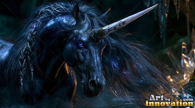 Facing forward in a dark cavern, a black unicorn with braided hair